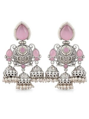 Silver Plated Chandbali Earrings with Pink Stones