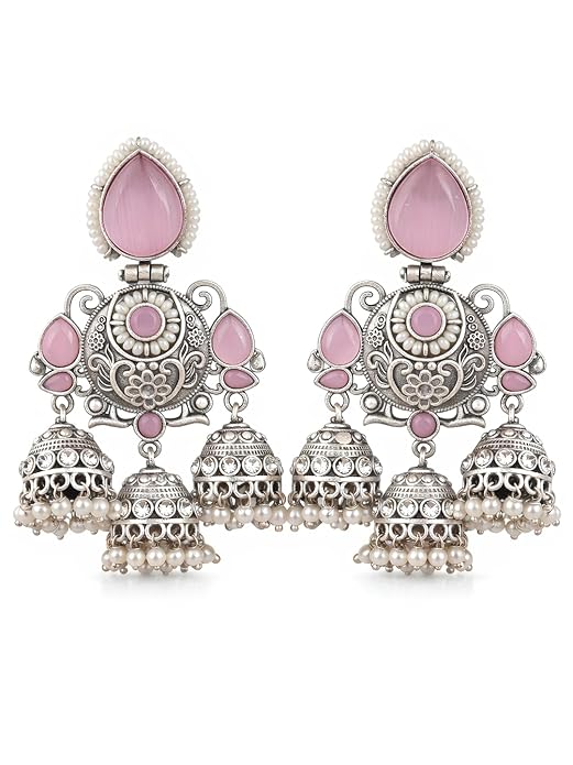 Silver Plated Chandbali Earrings with Pink Stones