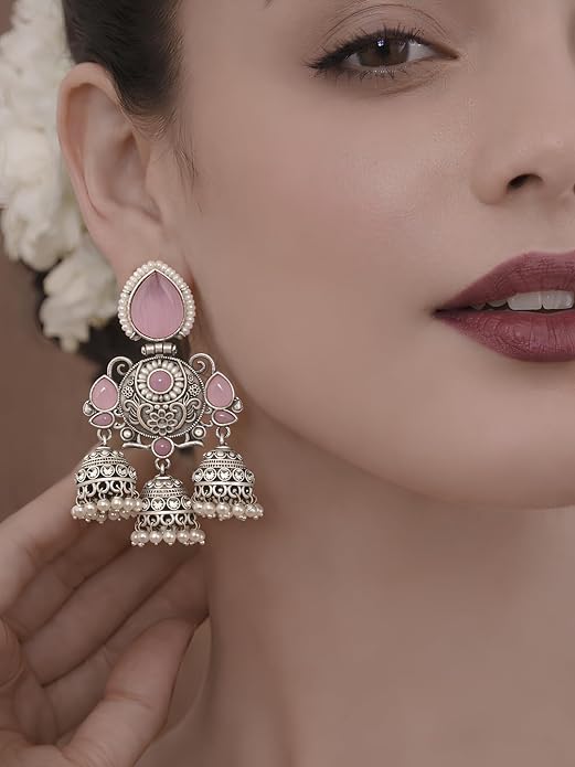 Silver Plated Chandbali Earrings with Pink Stones