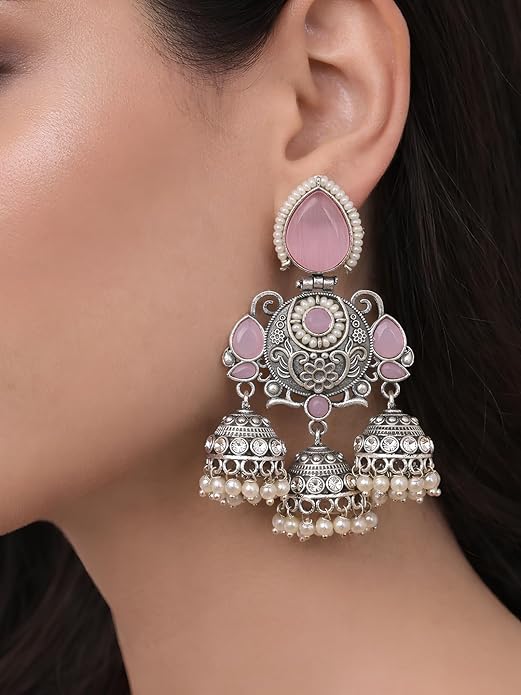 Silver Plated Chandbali Earrings with Pink Stones