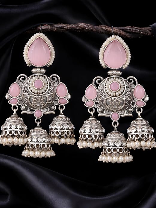 Silver Plated Chandbali Earrings with Pink Stones