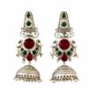 Silver Temple-Style Jhumka with Green & Red Stones