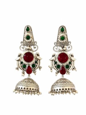 Silver Temple-Style Jhumka with Green & Red Stones