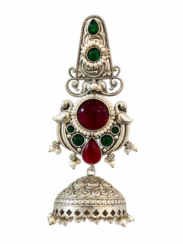 002 Silver Temple-Style Jhumka with Green & Red Stones