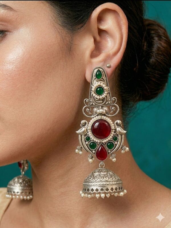 003 Silver Temple-Style Jhumka with Green & Red Stones