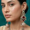 004 Silver Temple-Style Jhumka with Green & Red Stones