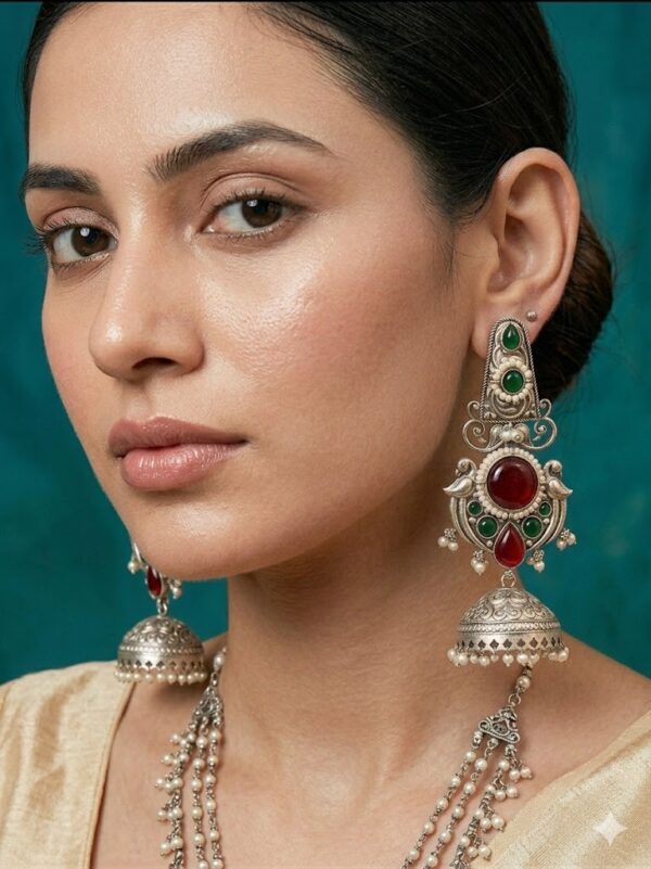 004 Silver Temple-Style Jhumka with Green & Red Stones