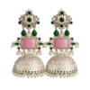Silver Brass Jhumka with Green Stones, Pink Rectangular Stone