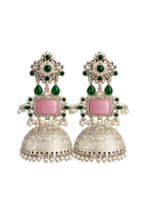 Silver Brass Jhumka with Green Stones, Pink Rectangular Stone