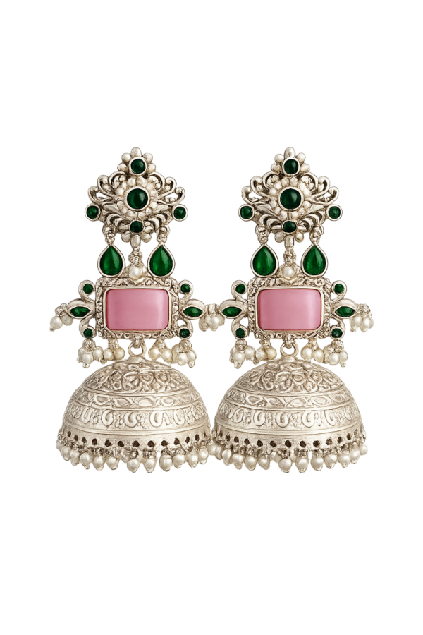 Silver Brass Jhumka with Green Stones, Pink Rectangular Stone