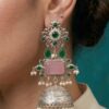 Silver Brass Jhumka with Green Stones, Pink Rectangular Stone