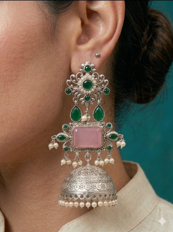 Silver Brass Jhumka with Green Stones, Pink Rectangular Stone
