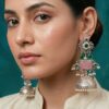 Silver Brass Jhumka with Green Stones, Pink Rectangular Stone