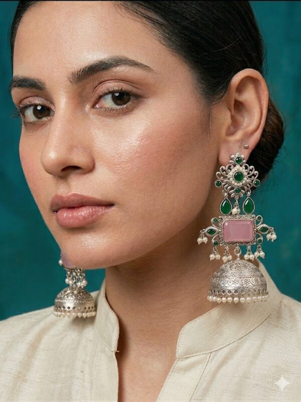 Silver Brass Jhumka with Green Stones, Pink Rectangular Stone