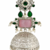 Silver Brass Jhumka with Green Stones, Pink Rectangular Stone