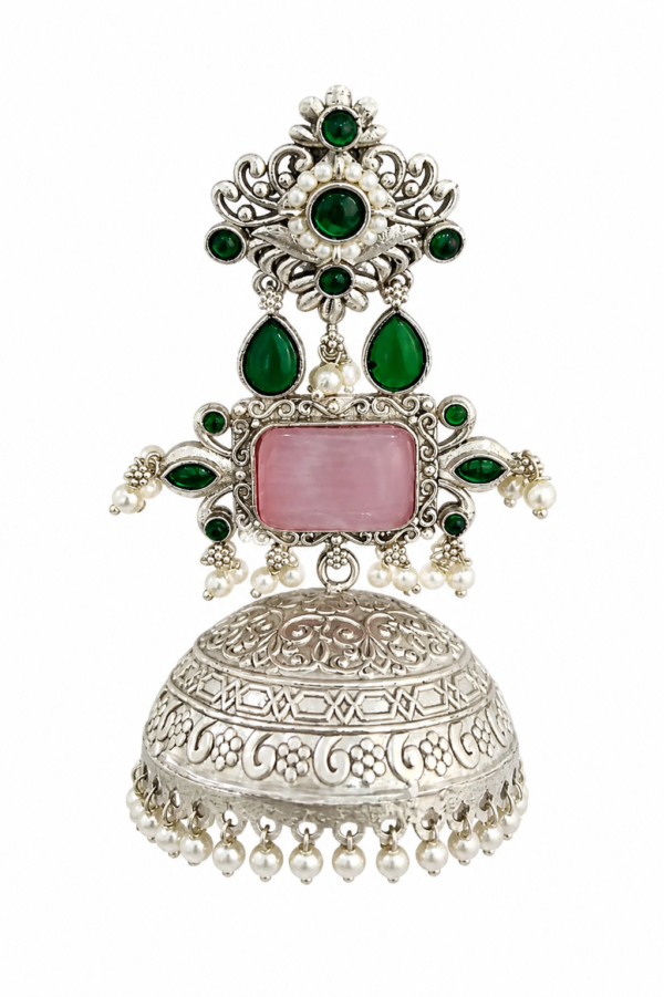 Silver Brass Jhumka with Green Stones, Pink Rectangular Stone