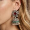 009 Elephant Design Jhumka with Red Stone Silver Tone