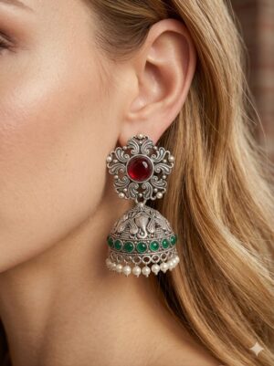 Elephant Design Jhumka with Red Stone Silver Tone