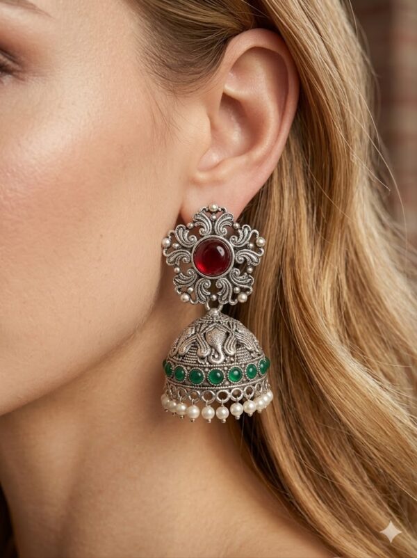 009 Elephant Design Jhumka with Red Stone Silver Tone