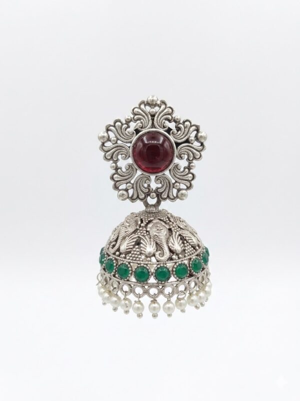 011 Elephant Design Jhumka with Red Stone Silver Tone