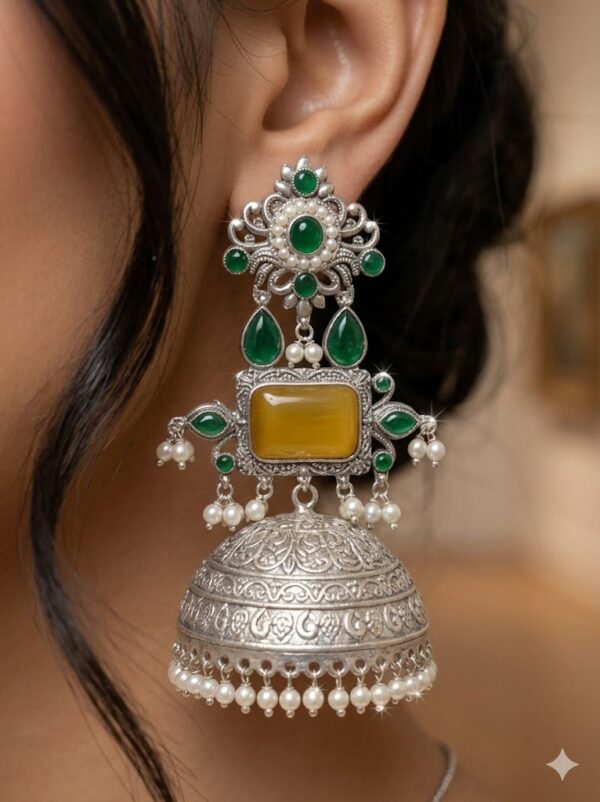 020 Earrings with Green Stones, Yellow Stone