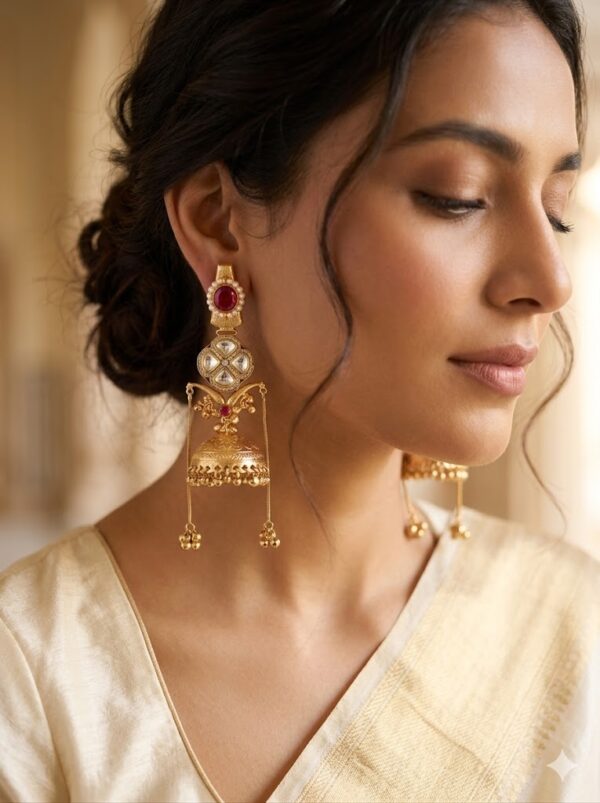 Gold Plated Kundan Jhumka with Red Stone