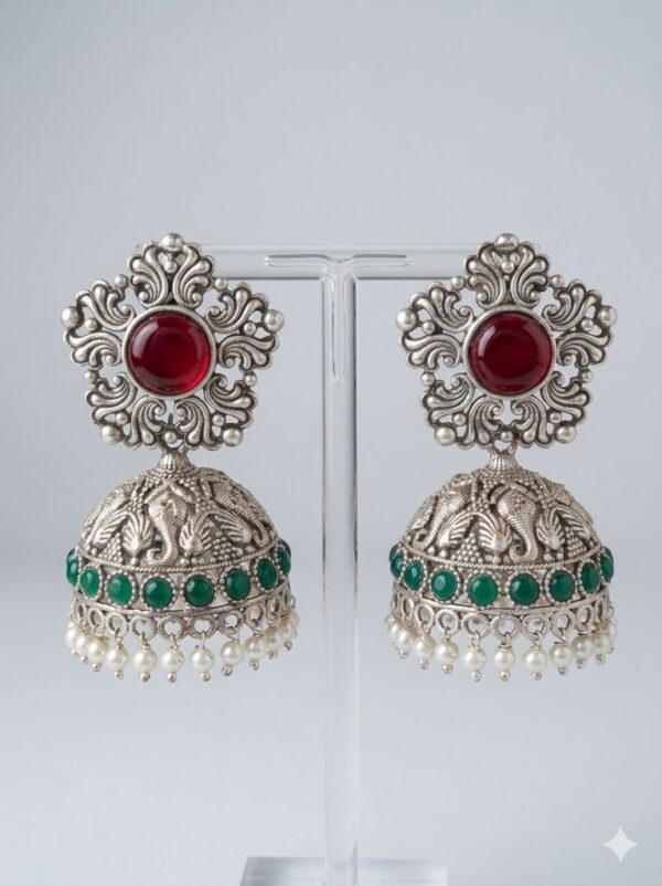12 Elephant Design Jhumka with Red Stone Silver Tone