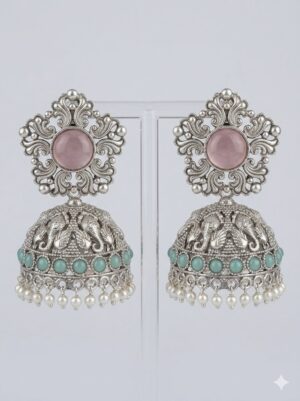 Elephant Design Jhumka with Pink Stone, Mint Green Beads