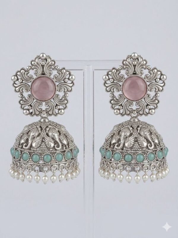 14 Elephant Design Jhumka with Pink Stone, Mint Green Beads