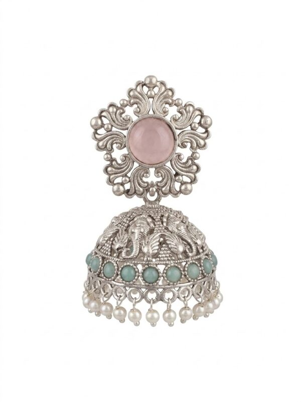 15 Elephant Design Jhumka with Pink Stone, Mint Green Beads