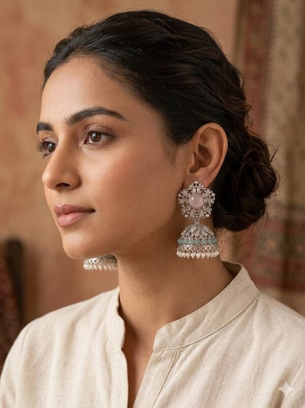 16 Elephant Design Jhumka with Pink Stone, Mint Green Beads