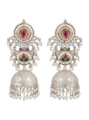 Pearl Jhumka with Red & Green Stones Chandbali