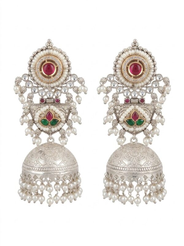 Pearl Jhumka with Red & Green Stones Chandbali