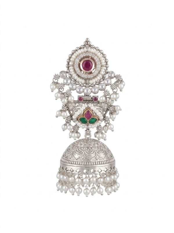 Pearl Jhumka with Red & Green Stones Chandbali