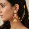 Gold-Plated Pink Stone Jhumka Earrings with Ear Chain