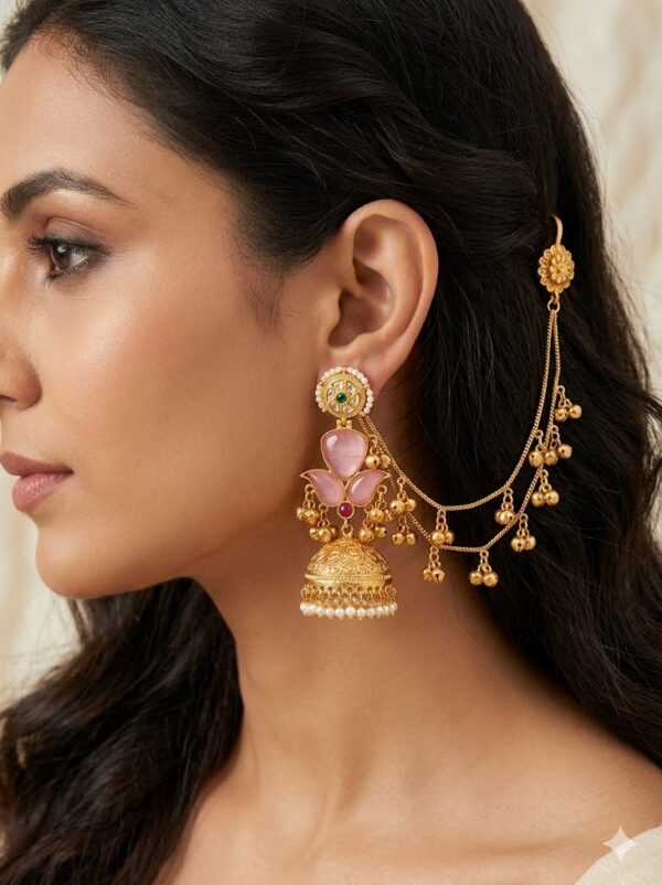237847fe-bb33-47df-80bb-817e05d9550d Gold-Plated Pink Stone Jhumka Earrings with Ear Chain
