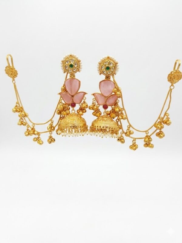 5f326ca3-9710-4e9e-bf1a-6f268c378f47 Gold-Plated Pink Stone Jhumka Earrings with Ear Chain