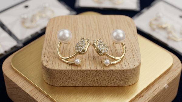Elegant Gold-Tone Tulip Pearl Stud Earrings
